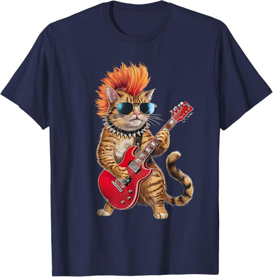 Cute Punk Cat Rock'n Roll Goth Cat Guitar Band Funny Women Kids T-Shirt - T-Shirt | Navy