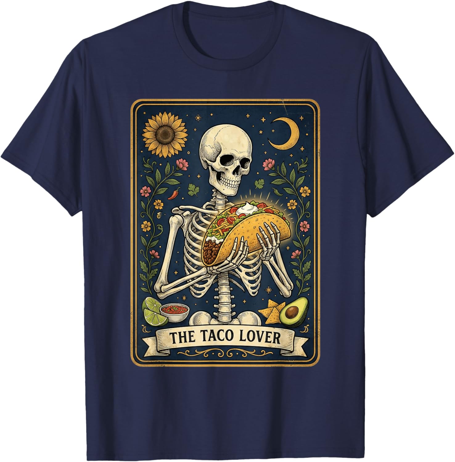 The Taco Lover Tarot Card Tacos Funny Mexican Skeleton T-Shirt - T-Shirt | Navy