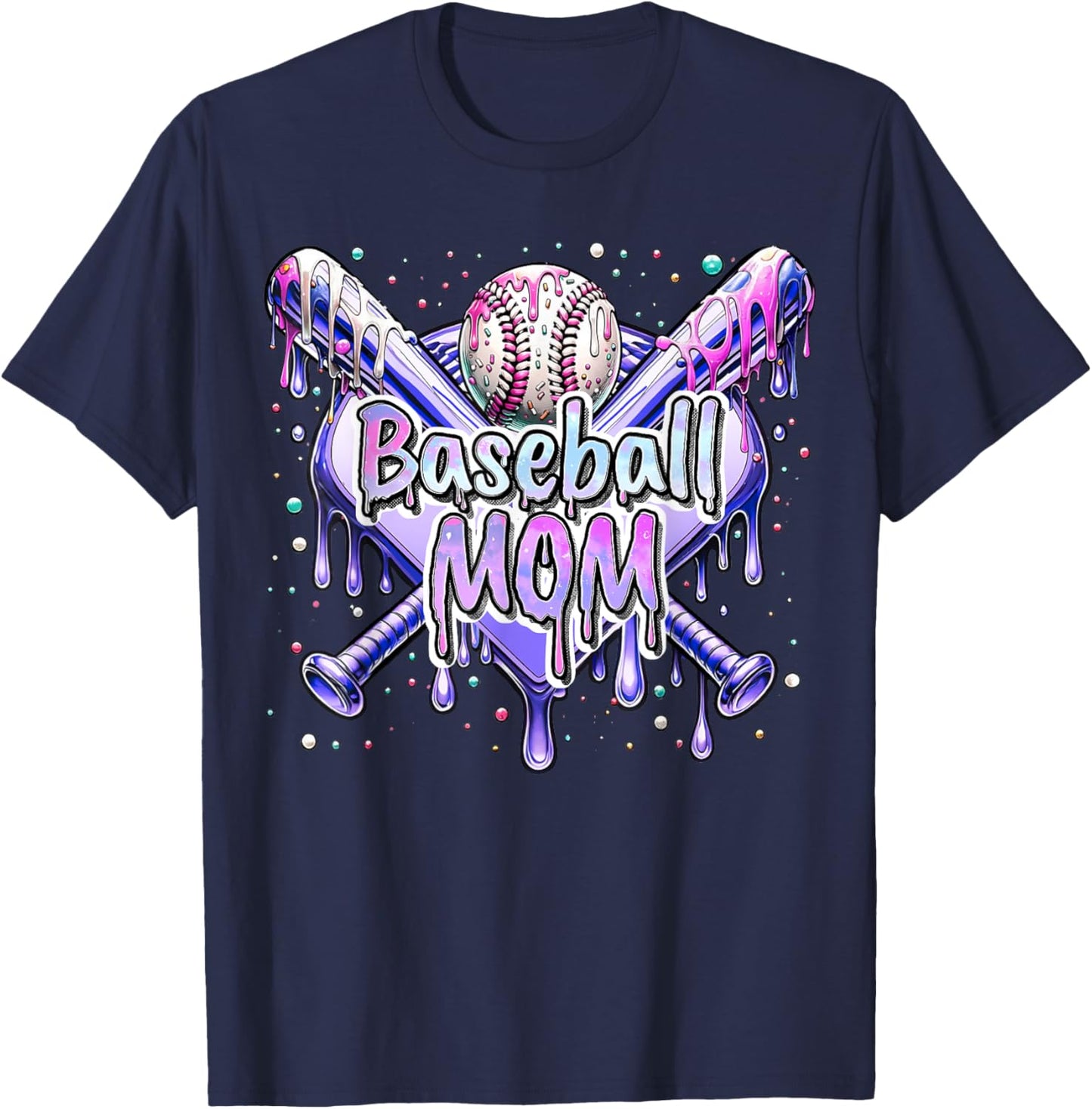 Baseball Mom Bat Ball Base Drip Themed Sports Mother's Day T-Shirt - T-Shirt | Navy