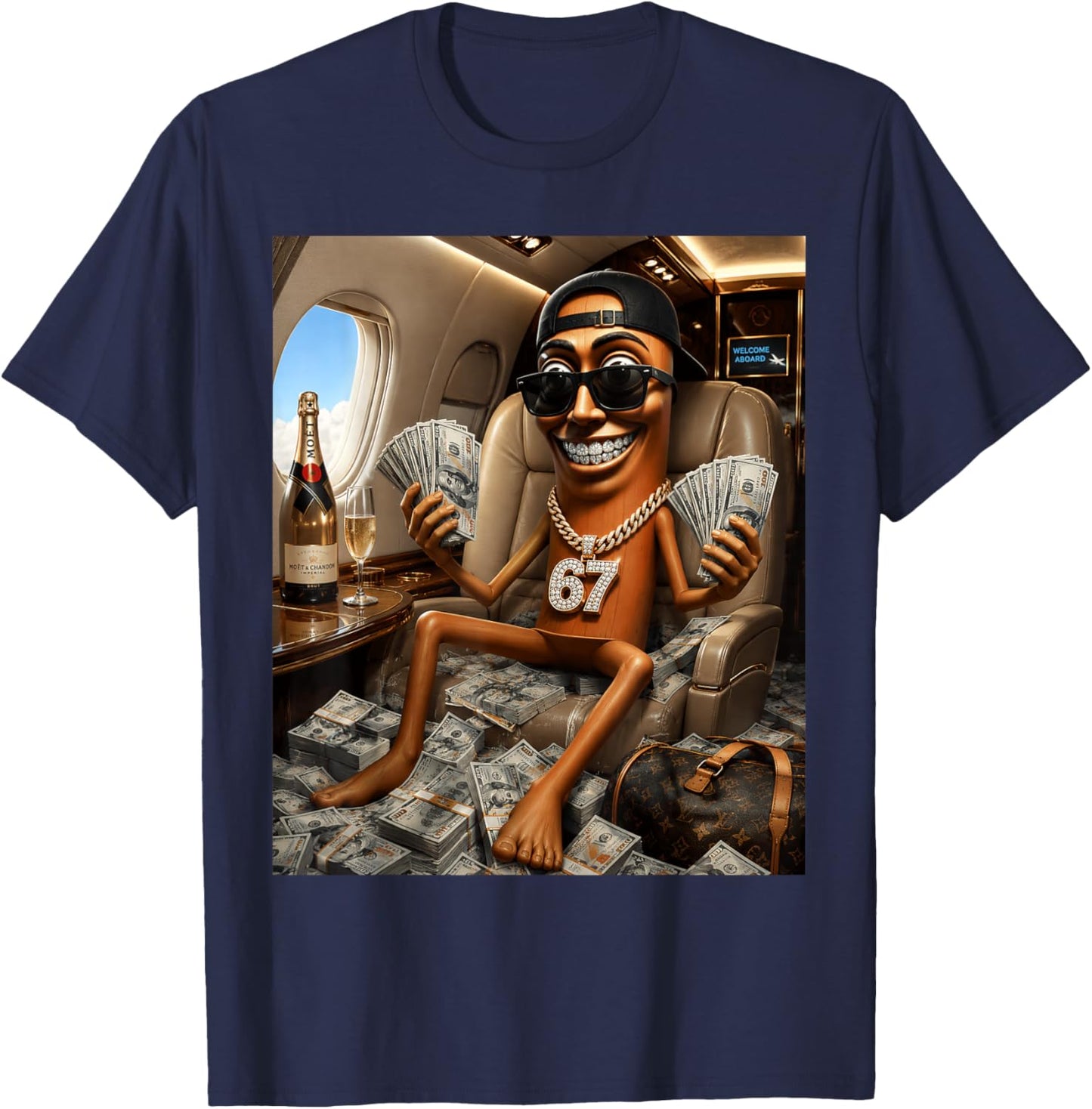 Private Jet Rich Tung Sahur Flexing Money 67 Diamantkette T-Shirt - T-Shirt | Navy