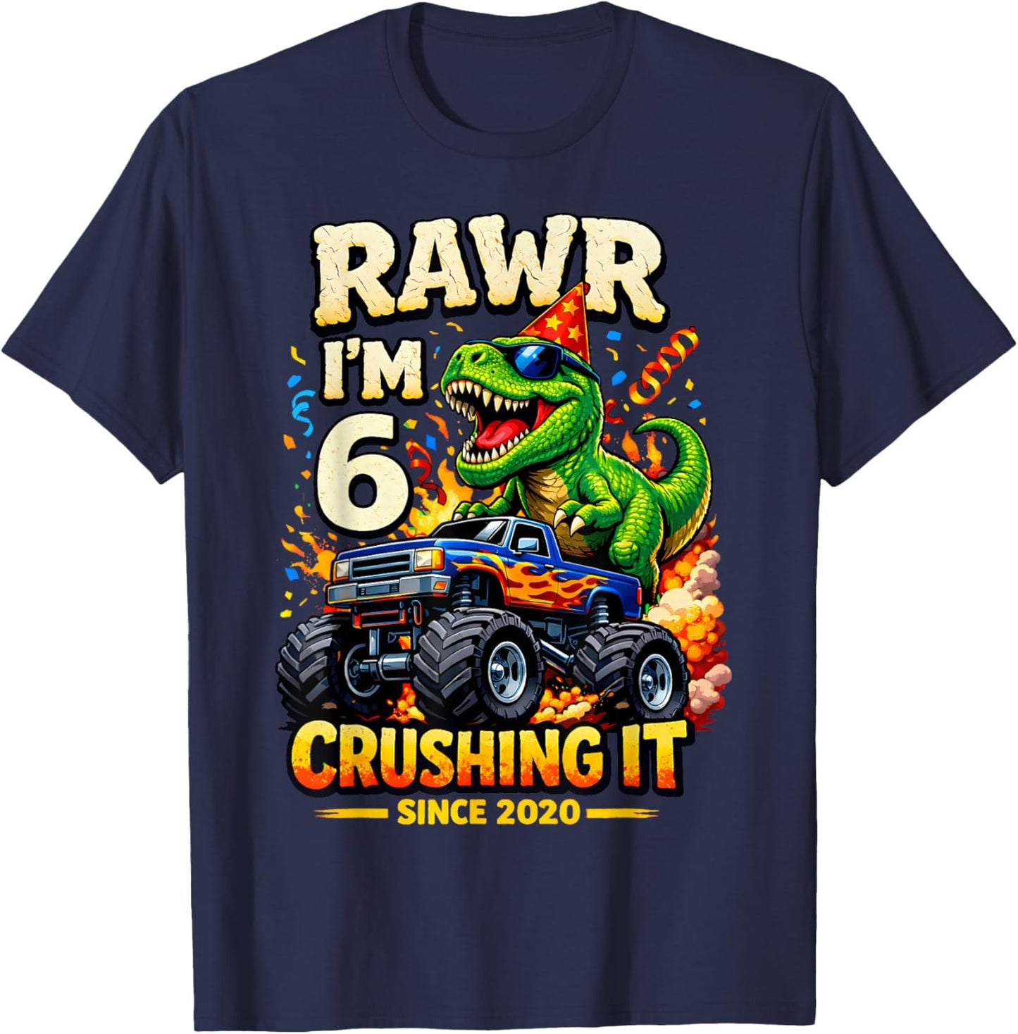 6th Birthday Monster Truck Dinosaur 6 Years Old Birthday Boy T-Shirt - T-Shirt | Navy