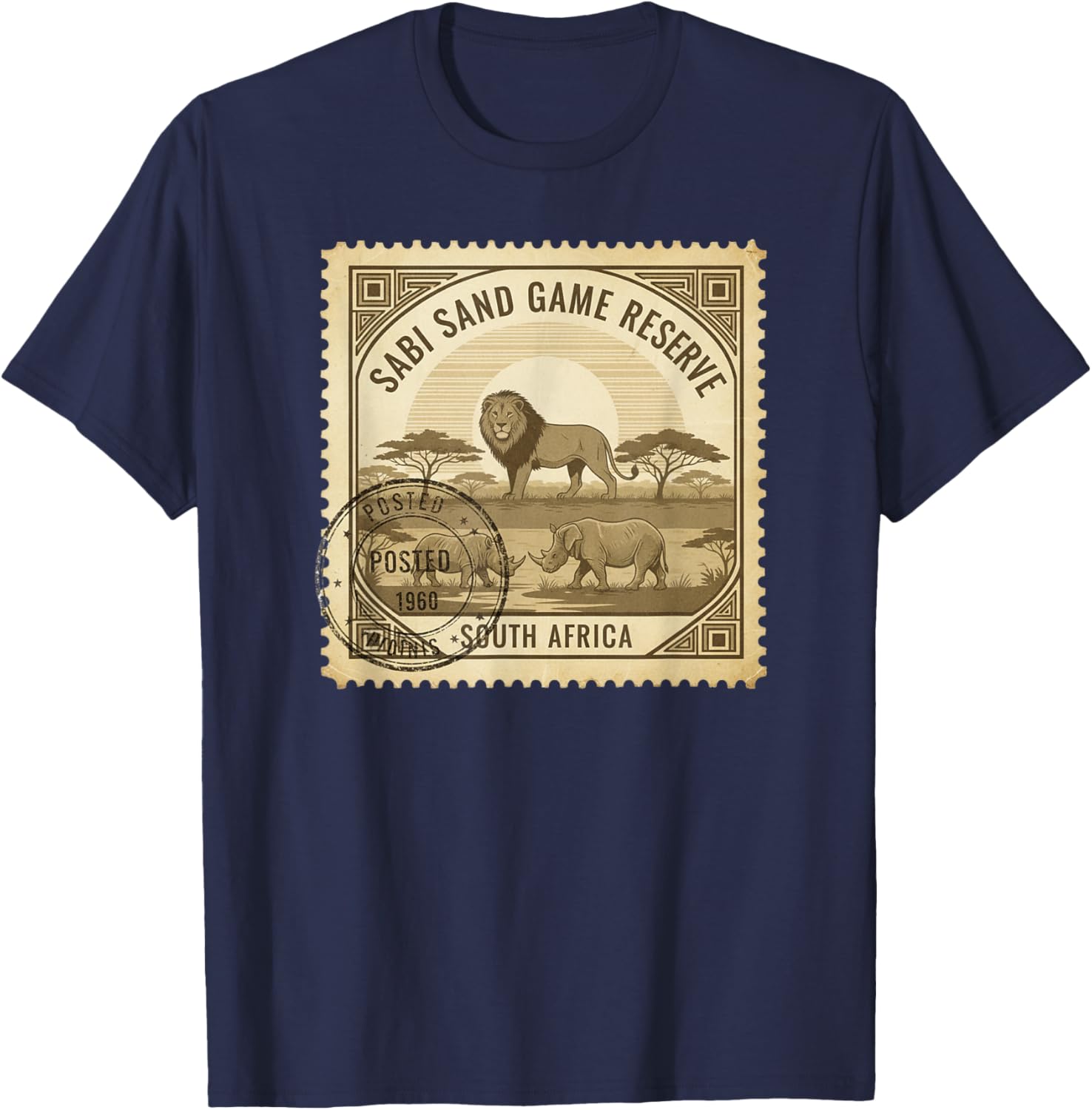 African Safari Stamp Sabi Sand Game Reserve Postage T-Shirt - T-Shirt | Navy
