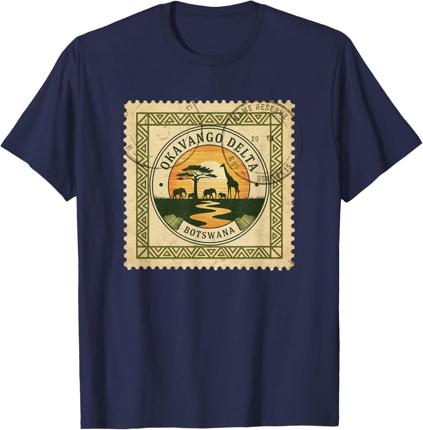 African Safari Stamp Okavango Delta Botswana Vintage Postage T-Shirt - T-Shirt | Navy