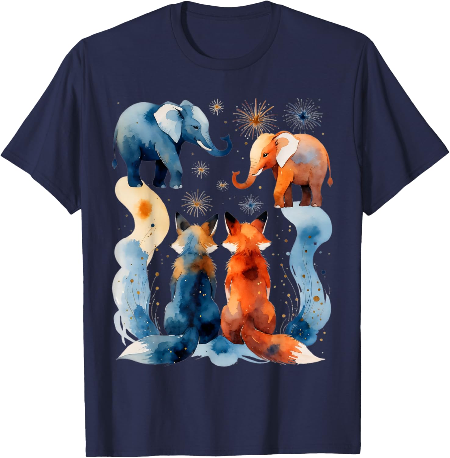 Illustration Animale Abstraite avec éléphants et Renards T-Shirt - T-Shirt | Navy