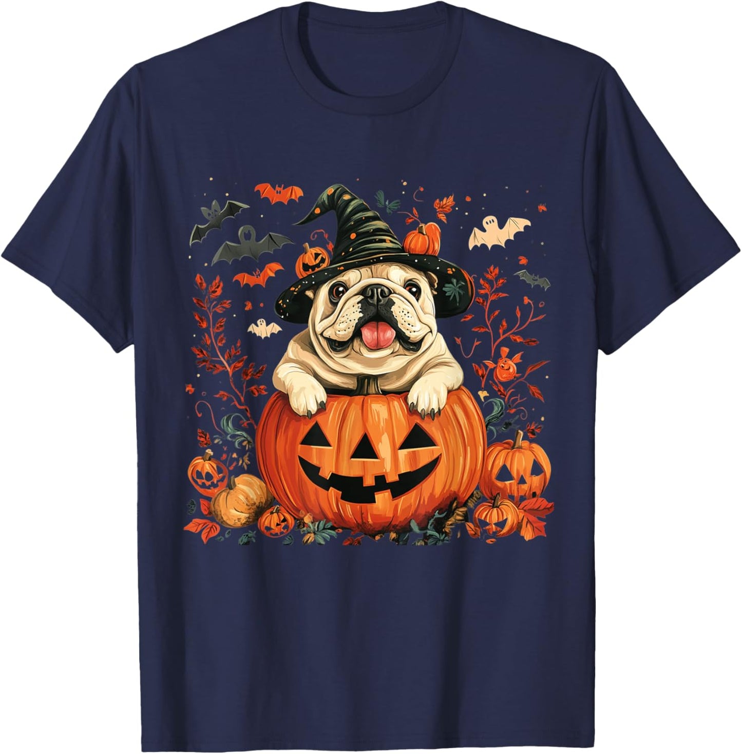 English Bulldog Pumpkin Halloween Thanksgiving Men Women Dog T-Shirt - T-Shirt | Navy