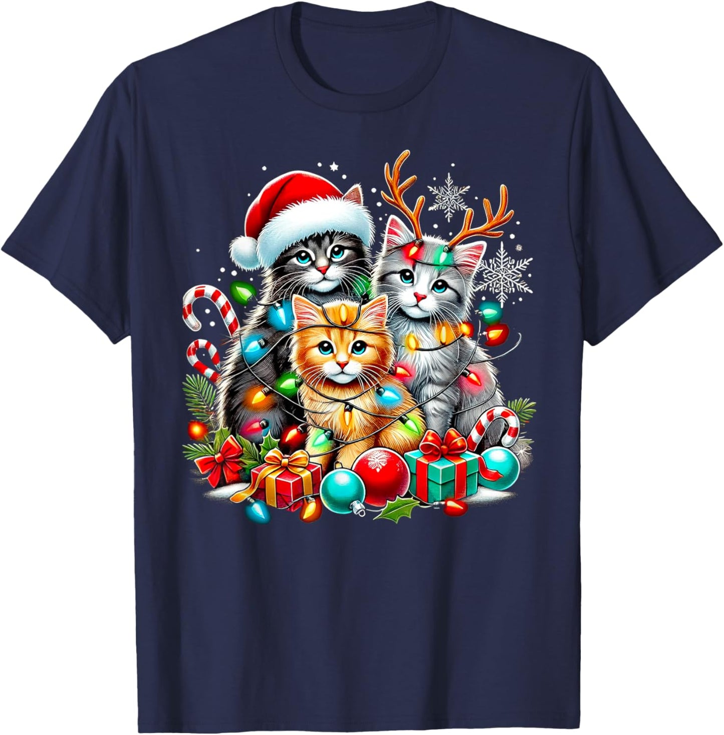 Merry Christmas Baby Cats Presents Snowflake Santa Claus T-Shirt - T-Shirt | Navy