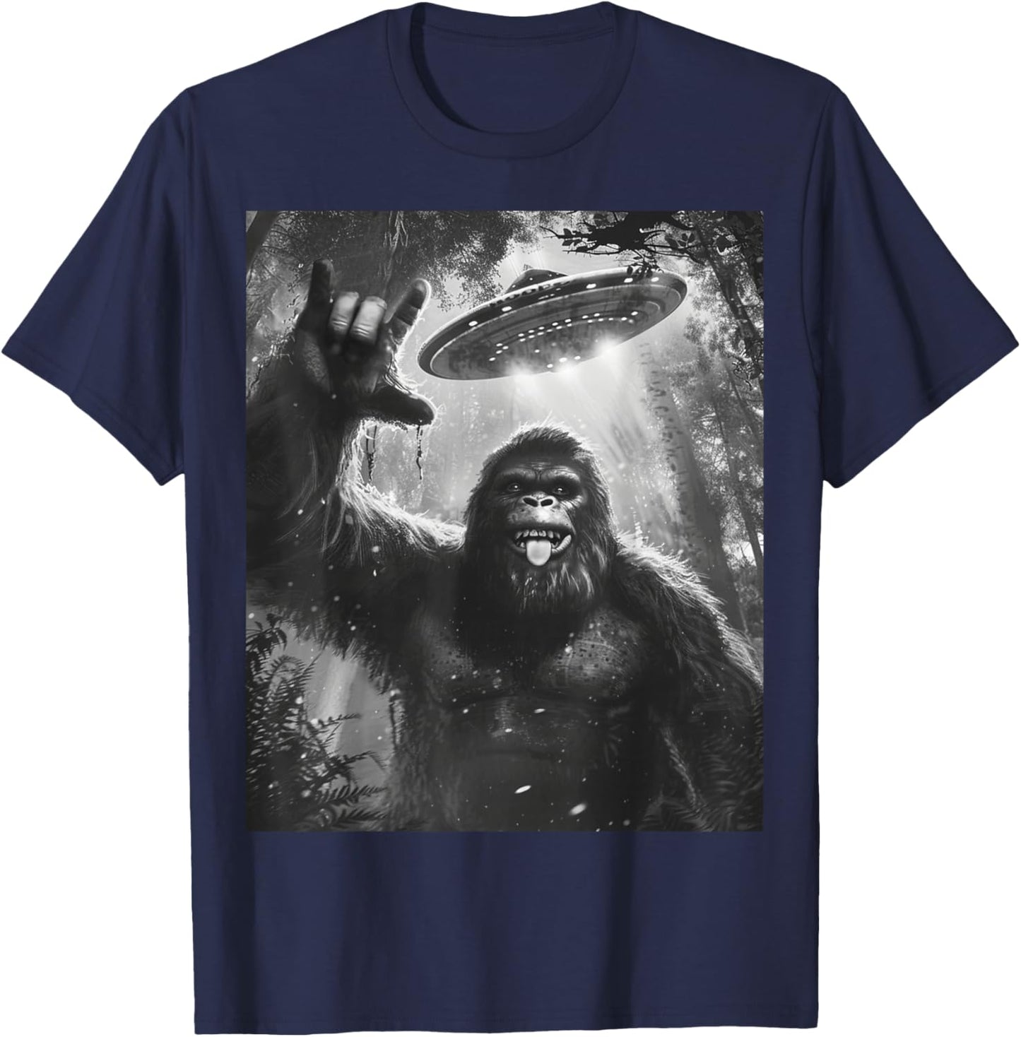 Funny Sasquatch Bigfoot Rock On Selfie with UFO Alien Saucer T-Shirt - T-Shirt | Navy