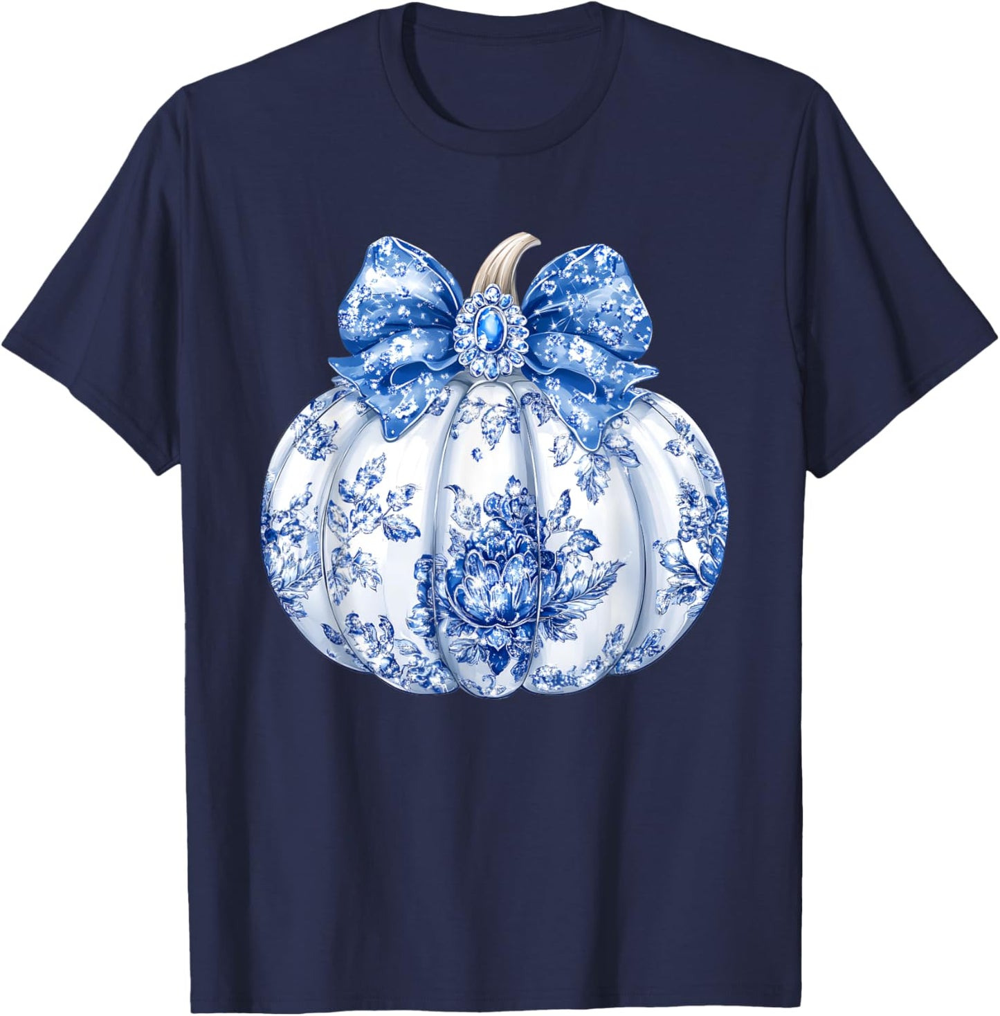 Fall Coquette Chinoiserie Blue Floral Pumpkin Thanksgiving T-Shirt - T-Shirt | Navy