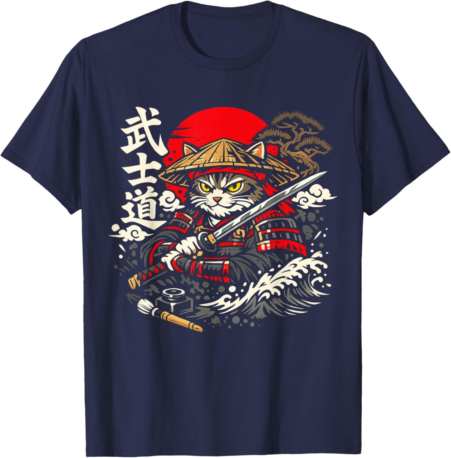 Chat samouraï avec Katana sous Le Soleil Style Bushido T-Shirt - T-Shirt | Navy
