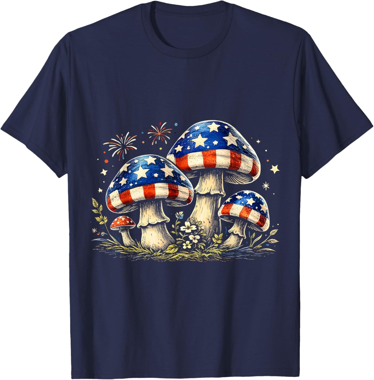 Fourth of July Patriotic American Flag Mushrooms T-Shirt - T-Shirt | Navy