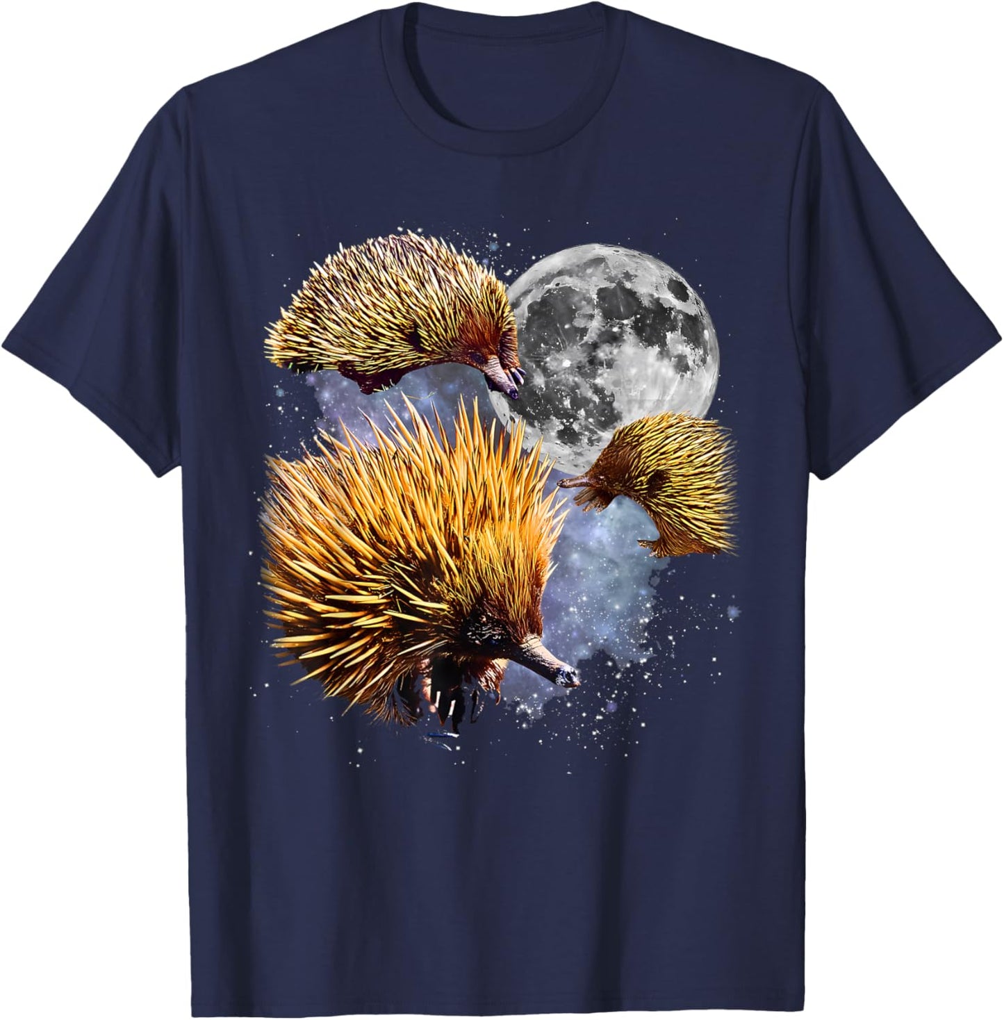 Retro Three Echidna Howling at The Moon Animal Lover Graphic T-Shirt - T-Shirt | Navy