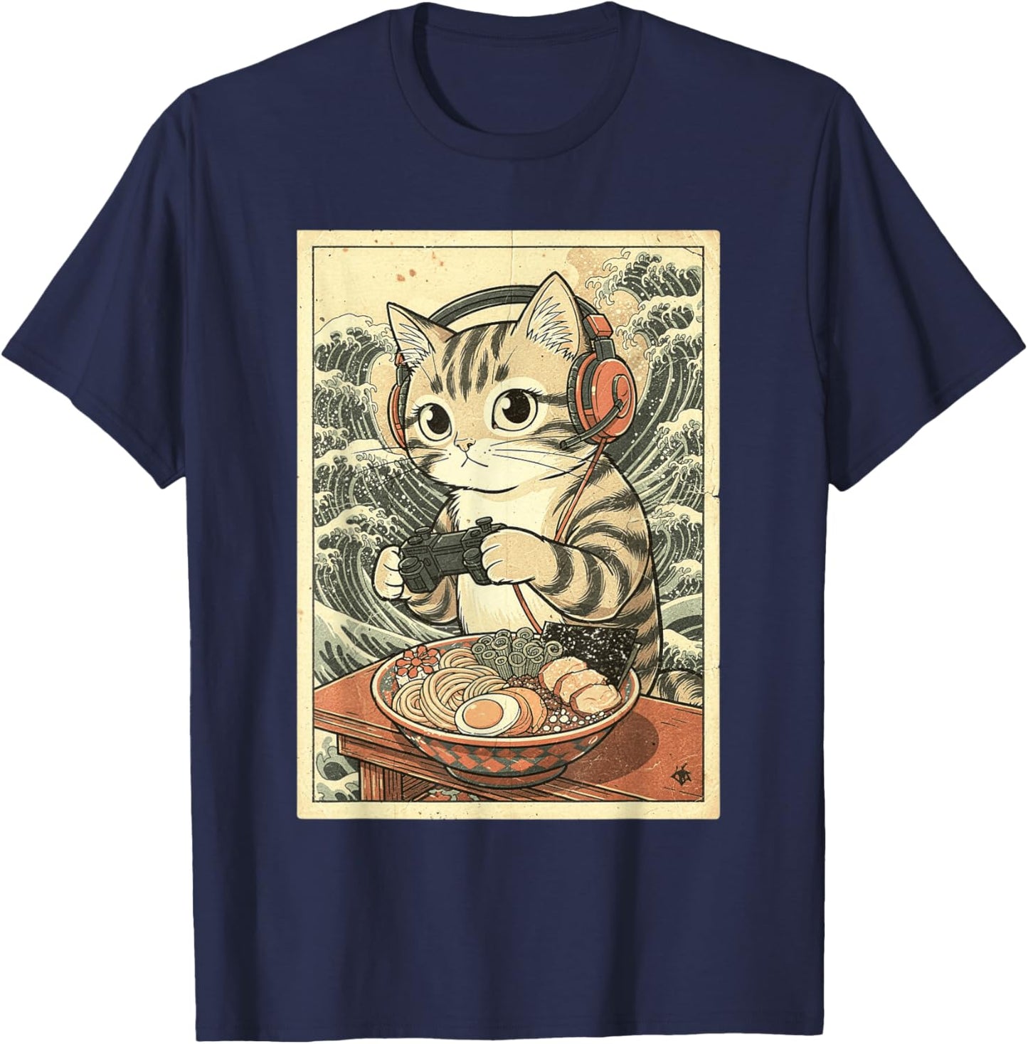 Cute Kawaii Gamer Cat Funny Ramen Retro Japanese Cat Gaming T-Shirt - T-Shirt | Navy