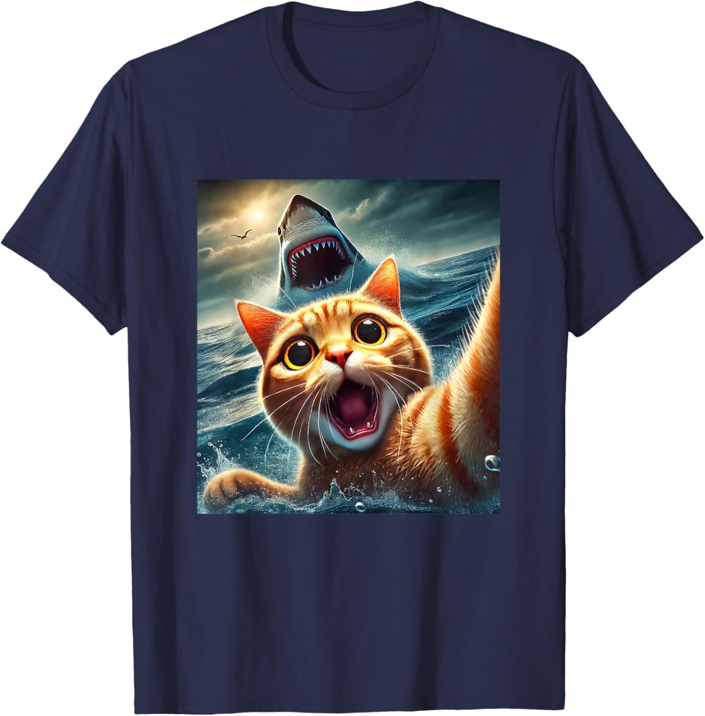 Cat Selfie With Shark Funny T-Shirt - T-Shirt | Navy