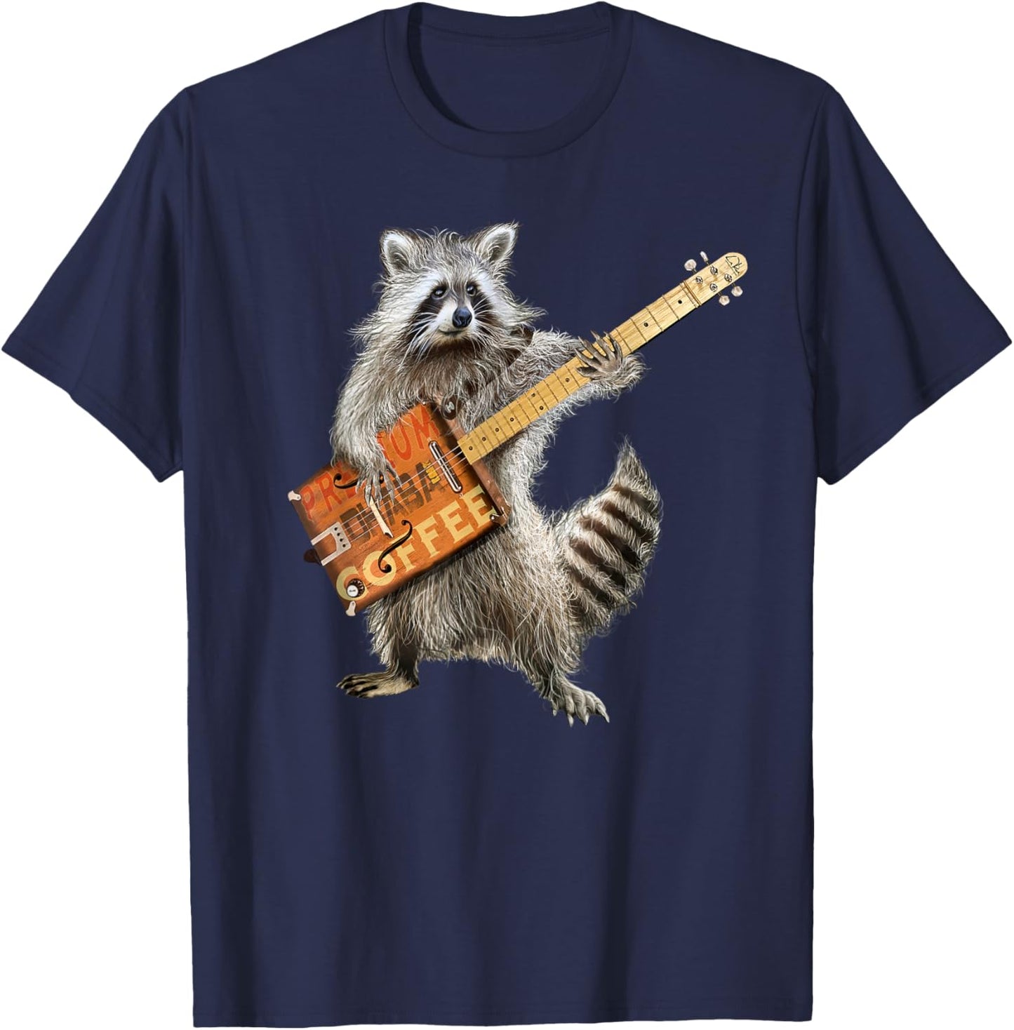 Raccoon Cute Funny Coffee Guitar Player Guitarist Animal Art T-Shirt - T-Shirt | Navy
