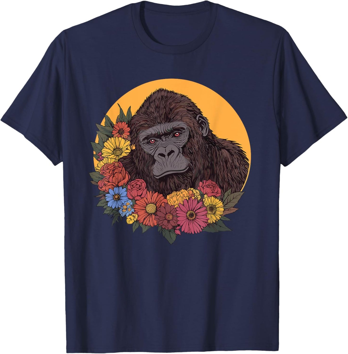 Gorilla With Flowers Illustration T-Shirt - T-Shirt | Navy