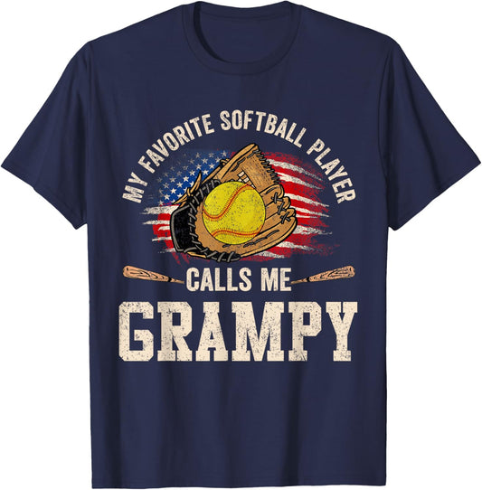My Favorite Softball Player Calls Me Grampy USA Flag T-Shirt - T-Shirt | Navy