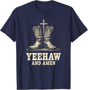 Yeehaw and Amen – Cowboy Boots Cross Western T-Shirt - T-Shirt | Navy