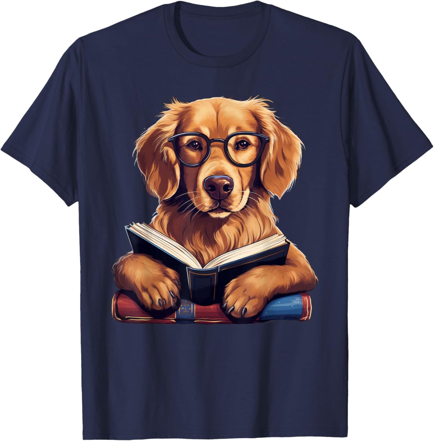 Cute Dog Golden Retriever Reading Book Men Women Girls Kids T-Shirt - T-Shirt | Navy