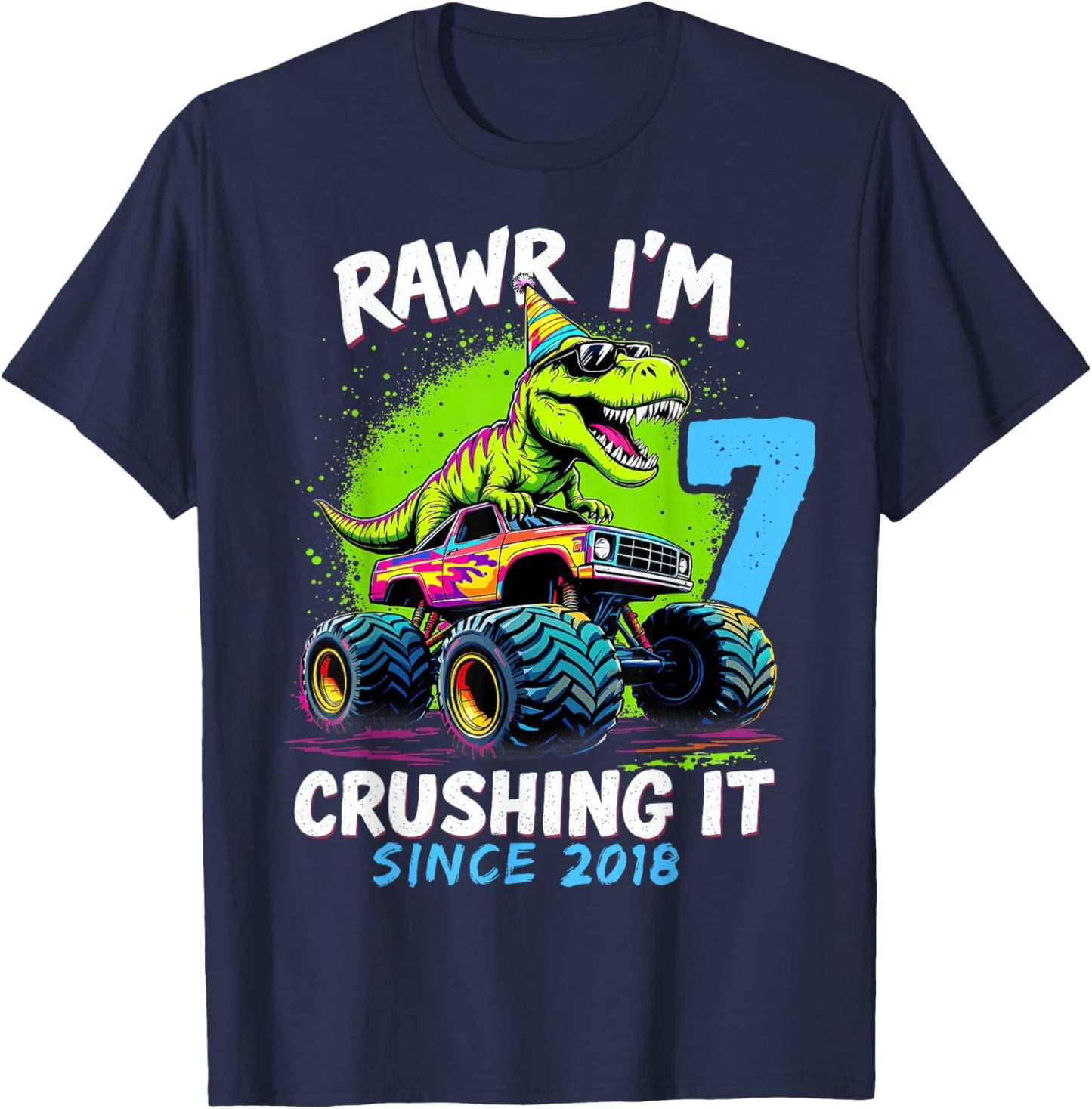 7th Birthday Monster Truck Dinosaur Party Boys Rawr I'm 7 T-Shirt - T-Shirt | Navy