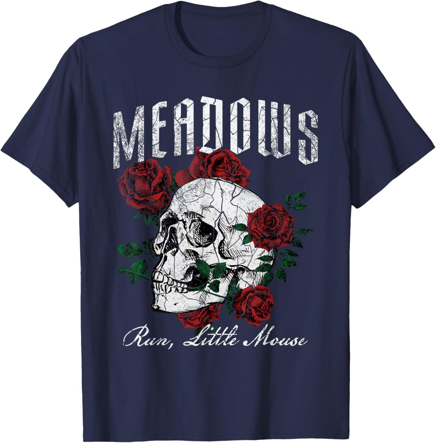 Retro Meadows Run Little Mouse Funny Skeleton Rose Bookish T-Shirt - T-Shirt | Navy