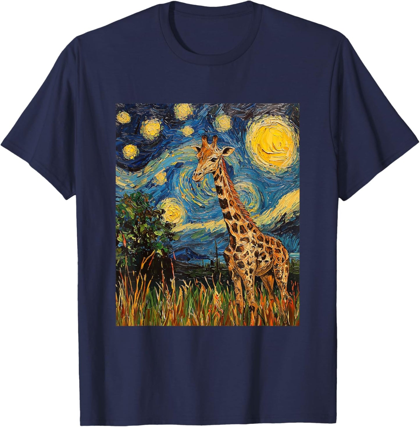 Cute Giraffe Africa - Van Gogh Style - Starry Night T-Shirt - T-Shirt | Navy