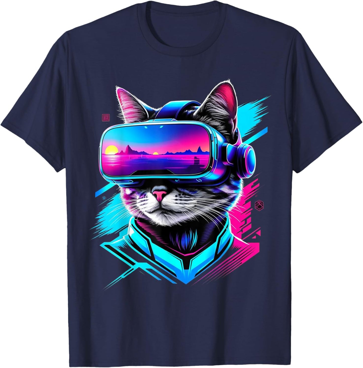 Funny VR Gamer Cat In VR Headset Virtual Reality Gaming T-Shirt - T-Shirt | Navy