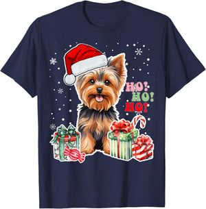 Yorkshire Terrier Christmas Yorkie Xmas Dog Santa Claus Hat T-Shirt - T-Shirt | Navy