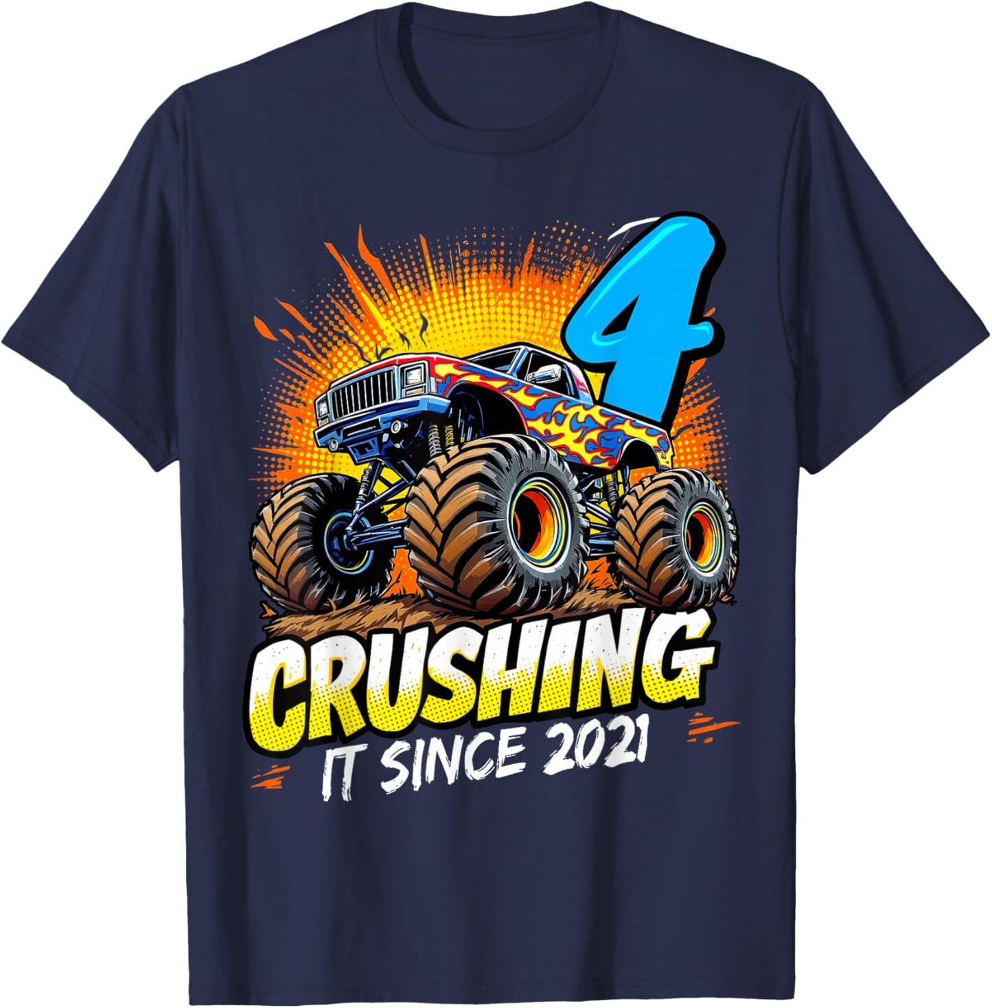 Birthday Monster Truck 4 year Old Boys 4th Party Born 2021 T-Shirt - T-Shirt | Navy