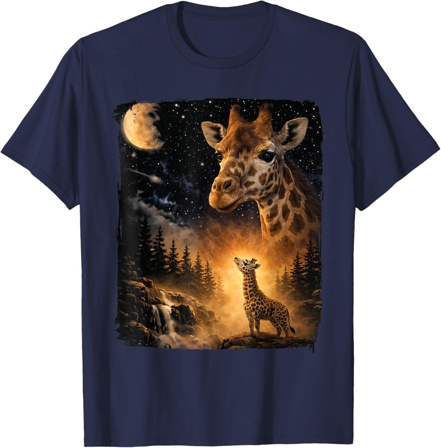 Vintage 90s Giraffe Howling at The Moon Wildlife Animals T-Shirt - T-Shirt | Navy