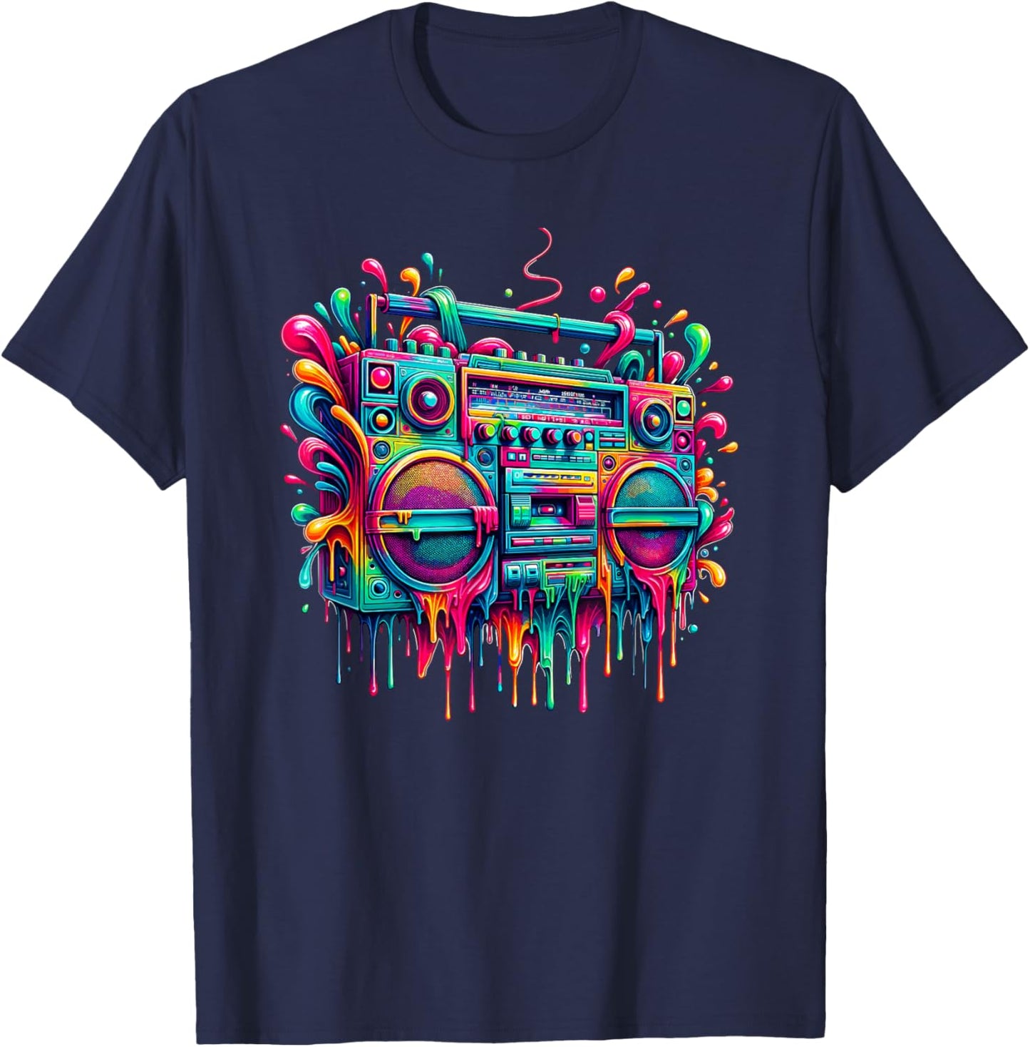 Dripping Paint Boombox Old School 80s Music Hip Hop T-Shirt - T-Shirt | Navy