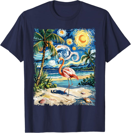 Vintage Flamingo Starry Night Summer Vacation Beach Trip T-Shirt - T-Shirt | Navy