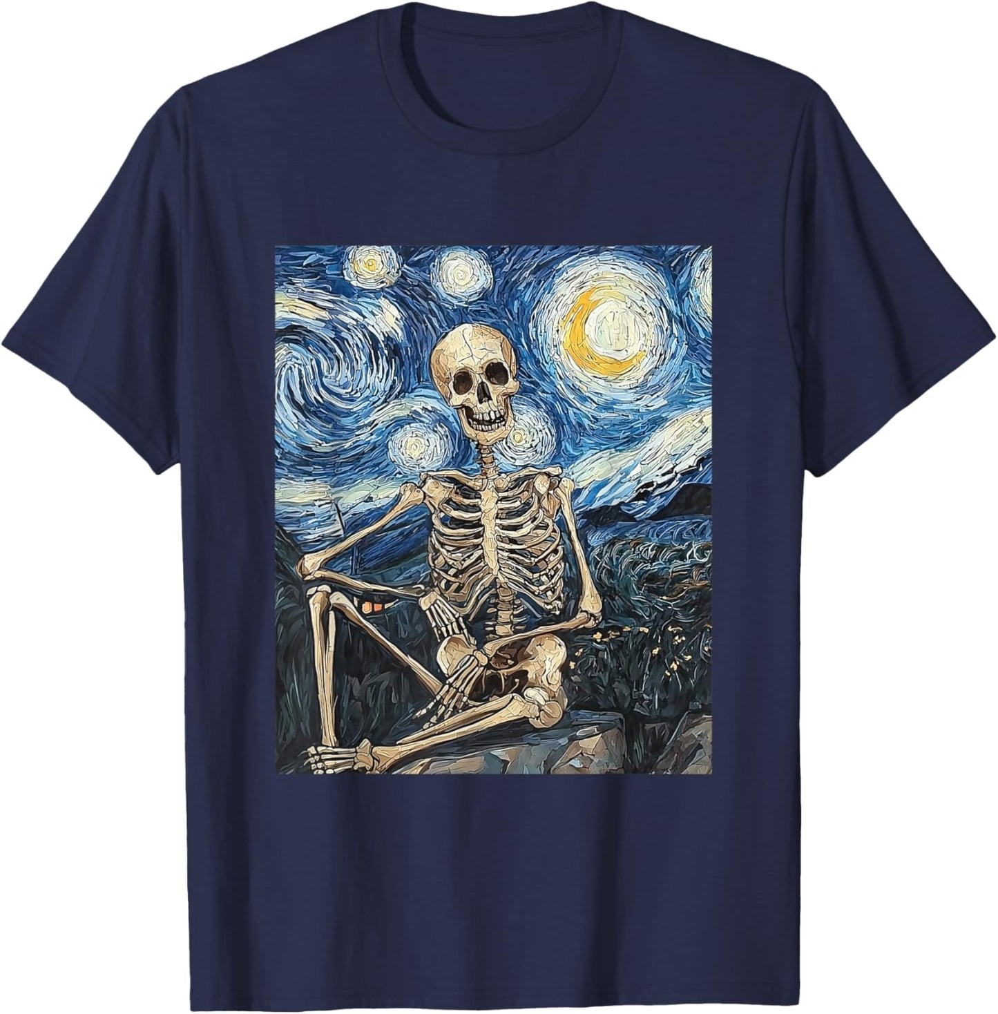 Skeleton Ghost Halloween - Van Gogh Style - Starry Night T-Shirt - T-Shirt | Navy