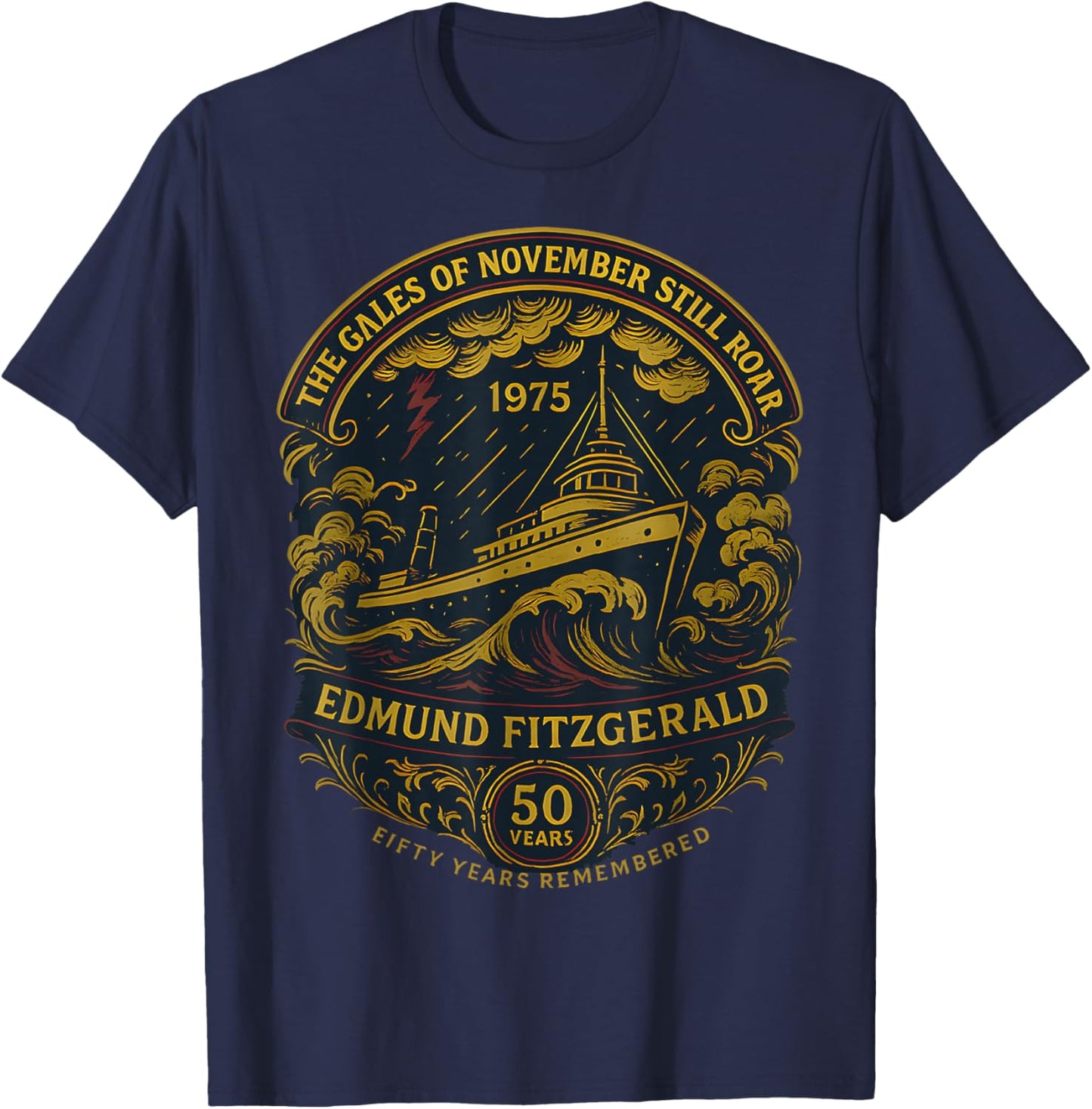 Edmund Fitzgerald Ship 1975 Anniversary Great Lakes Tribute T-Shirt - T-Shirt | Navy