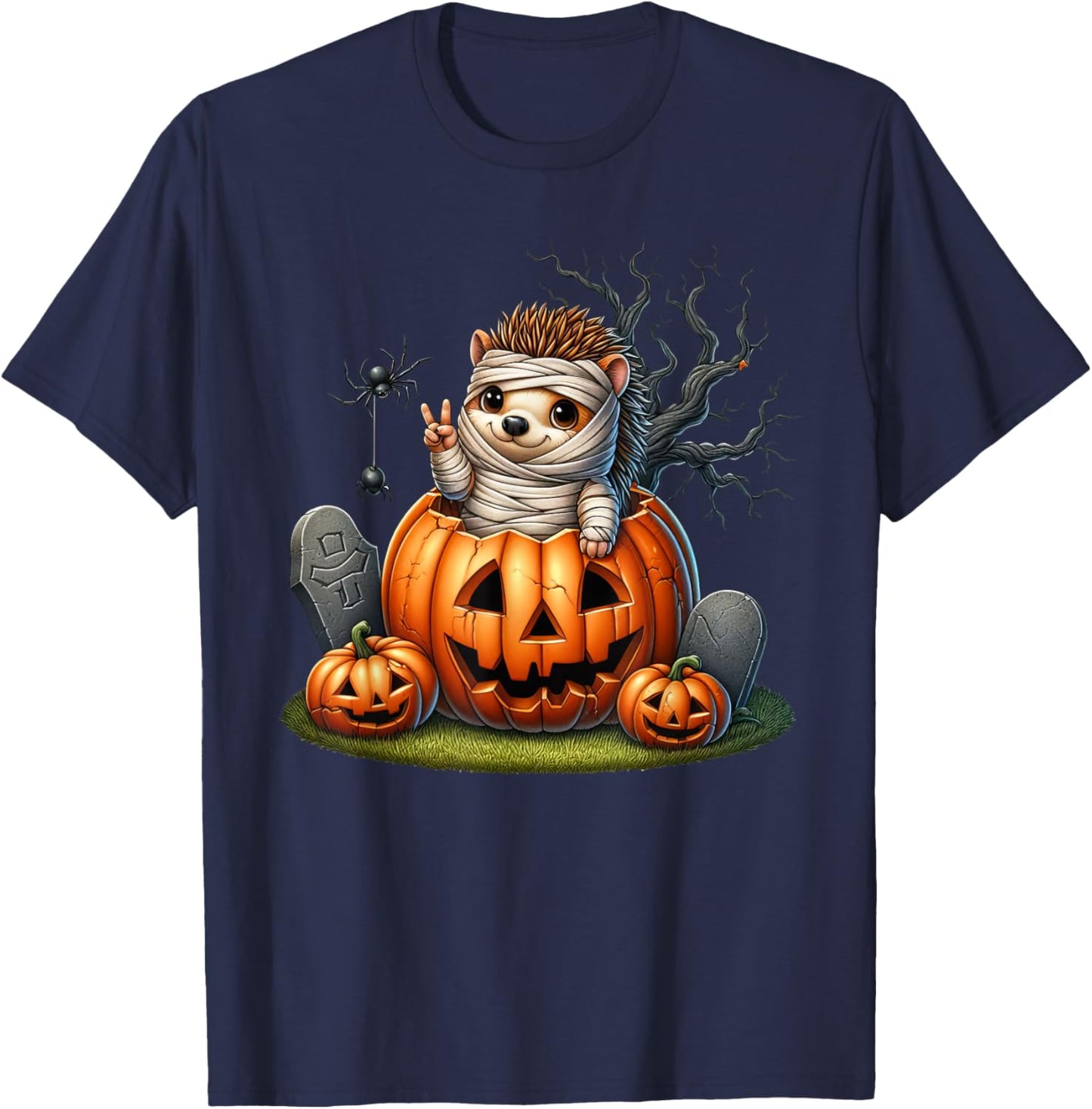 Funny Hedgehog Mummy Pumpkin Halloween Kids T-Shirt - T-Shirt | Navy