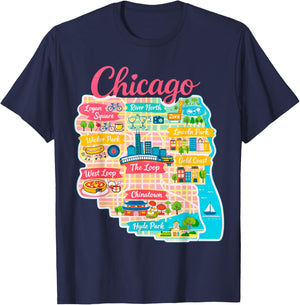 Chicago Map Cute Neighborhoods Travel Art Design T-Shirt - T-Shirt | Navy