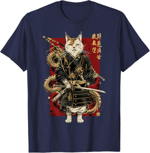 Samurai Cat with Dragon Japanese Kanji, Japan art lover Women Girls Kids T-Shirt - T-Shirt | Navy