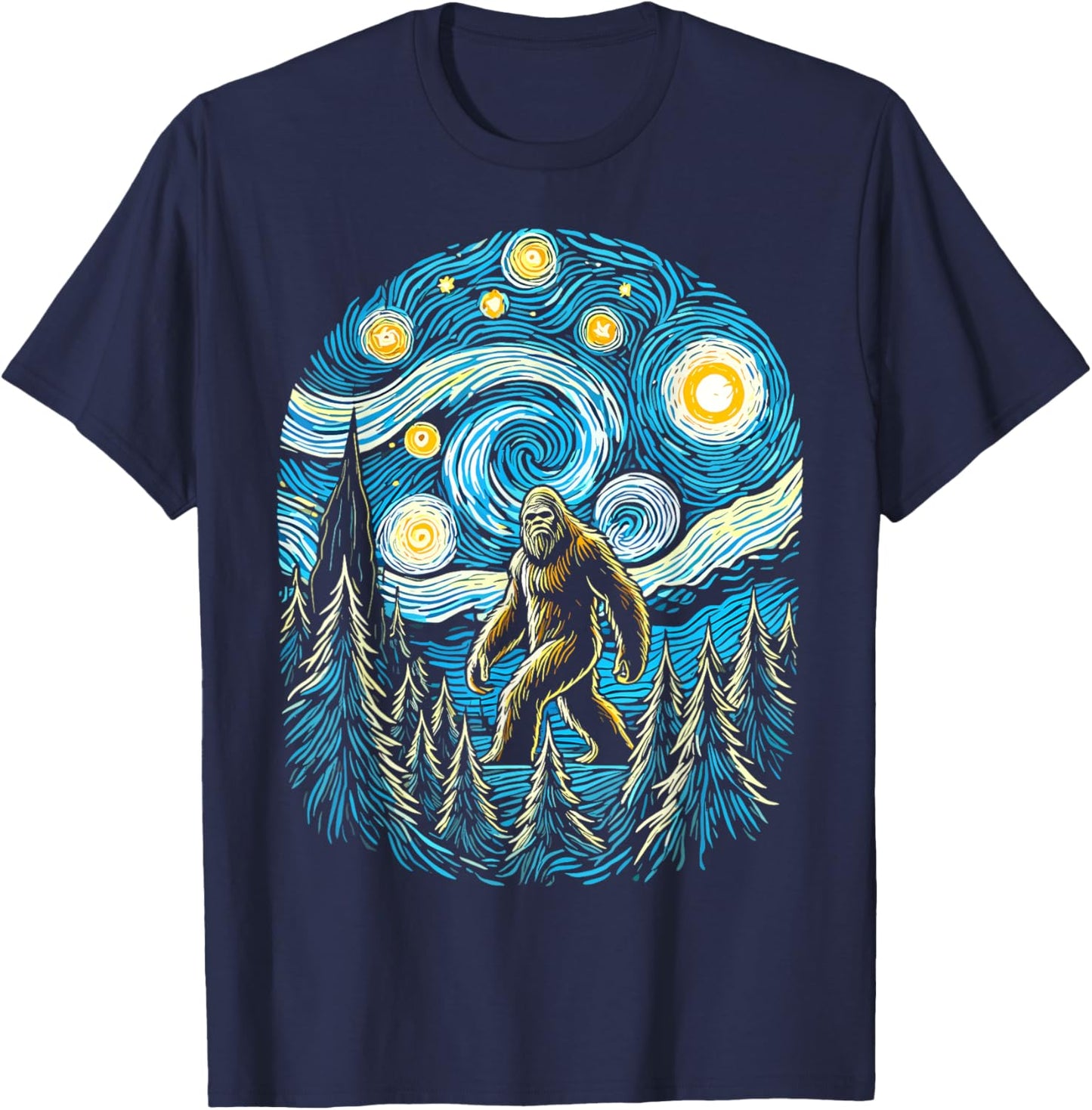 Bigfoot Starry Night Forest Van Gogh Sasquatch Painting Art T-Shirt - T-Shirt | Navy