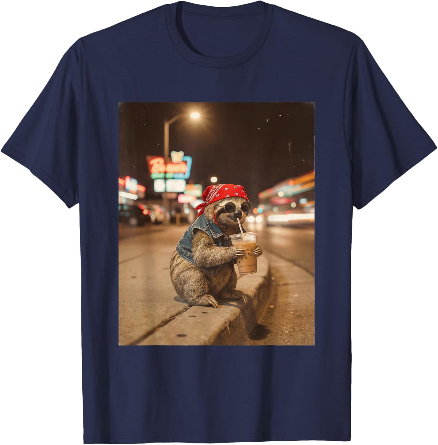 Cool Sloth Drinking Iced Coffee Funny Sloths Meme Men Women T-Shirt - T-Shirt | Navy