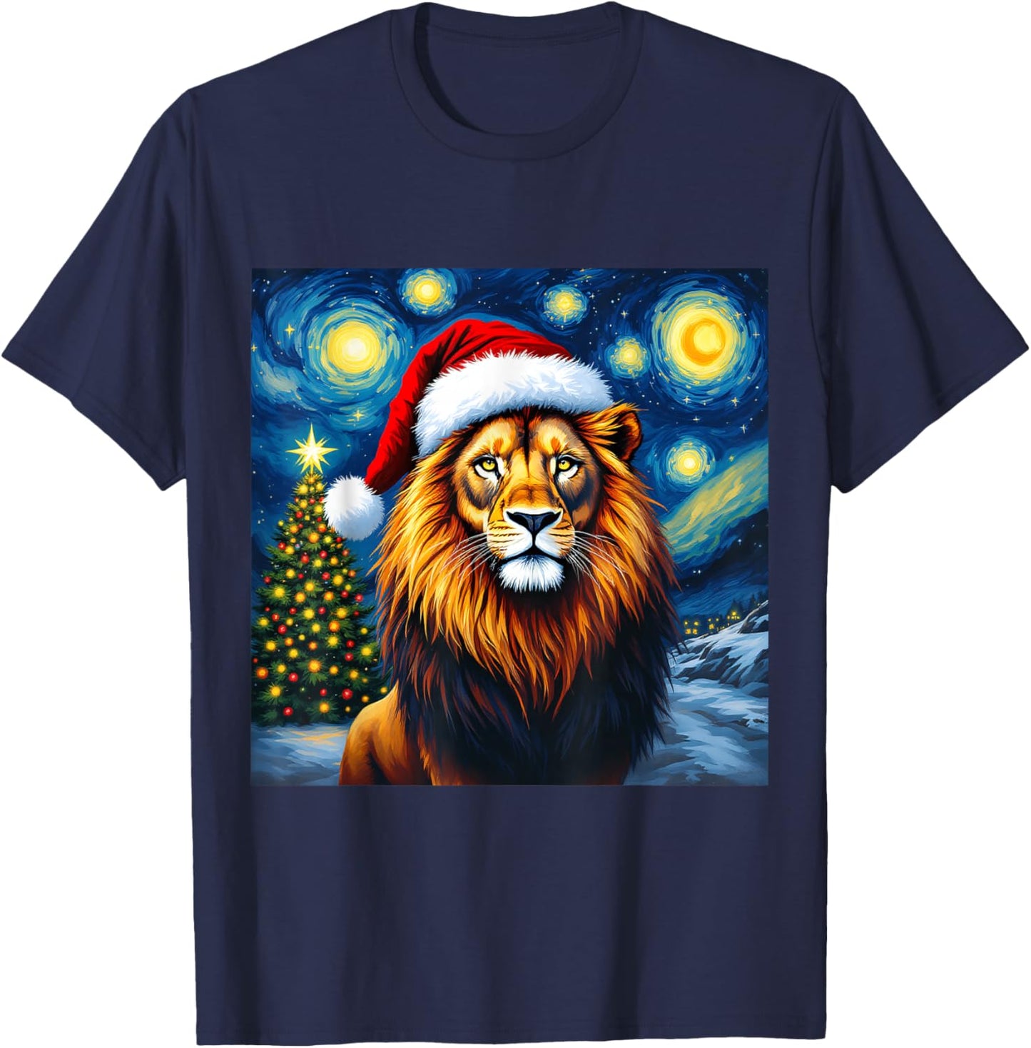 Christmas Lion Santa Hat Van Gogh Starry Night Holiday T-Shirt - T-Shirt | Navy