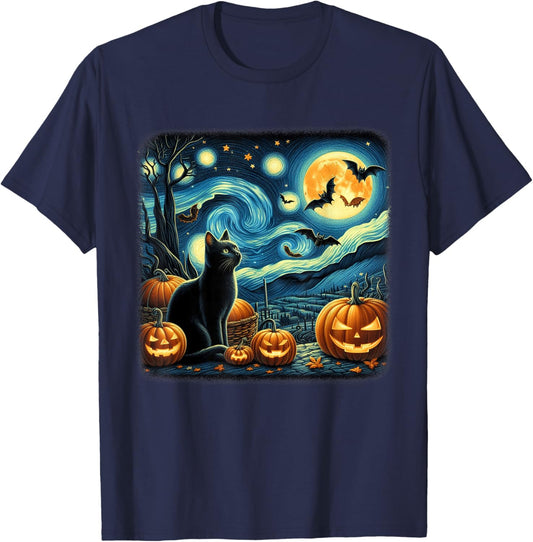 Van Gogh Cat Starry Night Black Cat Halloween Cat Lovers Men Women Kids T-Shirt - T-Shirt | Navy