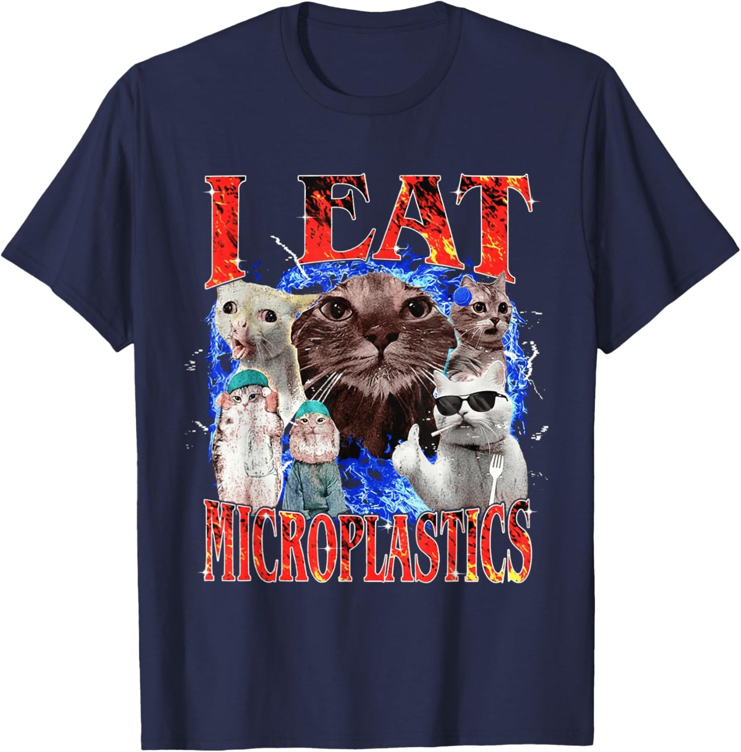 I Eat Microplastics Cat Japanese Funny Cute Meme T-Shirt - T-Shirt | Navy