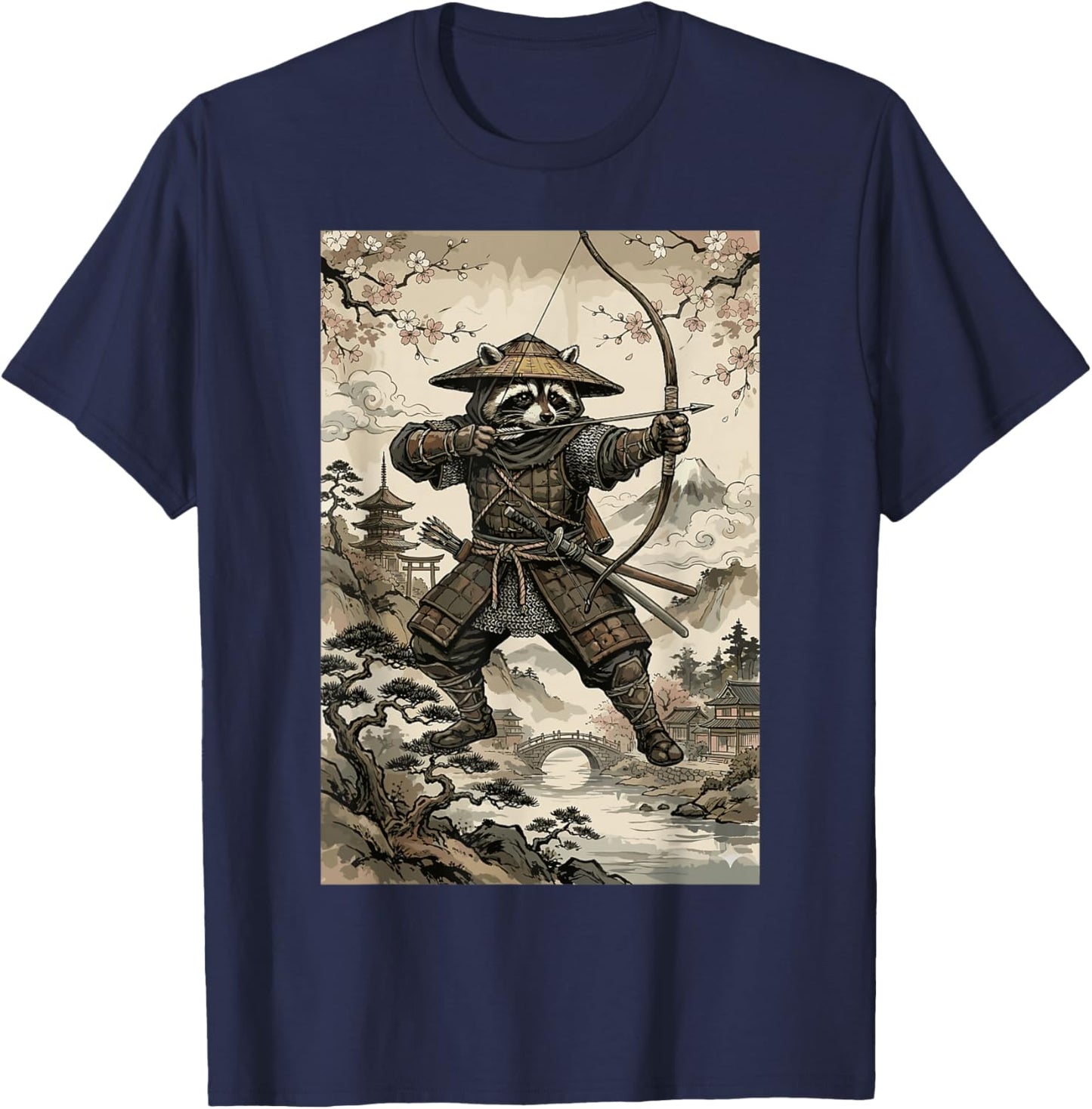 Samurai Raccoon Archer Japanese Cherry Blossom Art T-Shirt - T-Shirt | Navy
