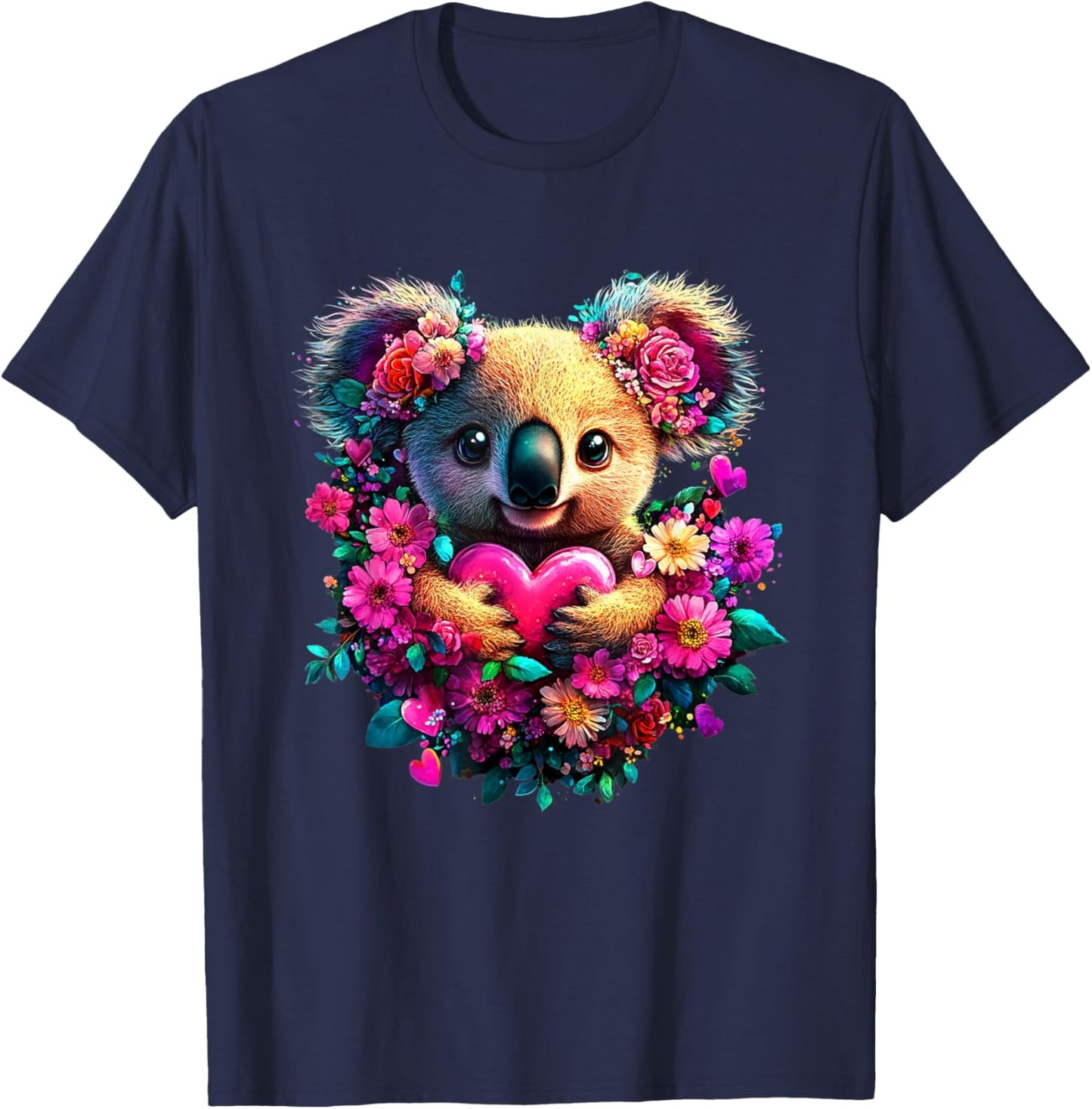 Koala Hearts and Flowers Graphic Valentines Day T-Shirt - T-Shirt | Navy