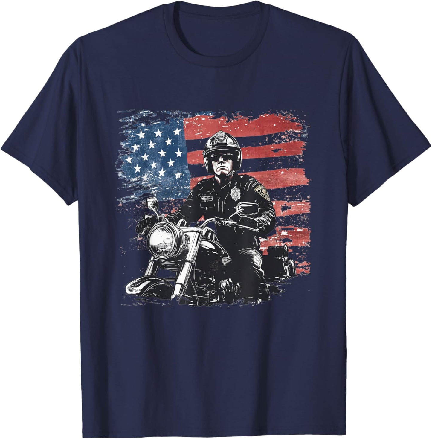 Patriotic Biker Cop. American Officer Motorcycle Police T-Shirt - T-Shirt | Navy
