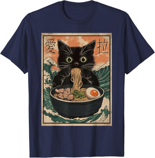 Cat Ramen Japanese Art Great Wave Kanagawa Funny Graphic T-Shirt - T-Shirt | Navy