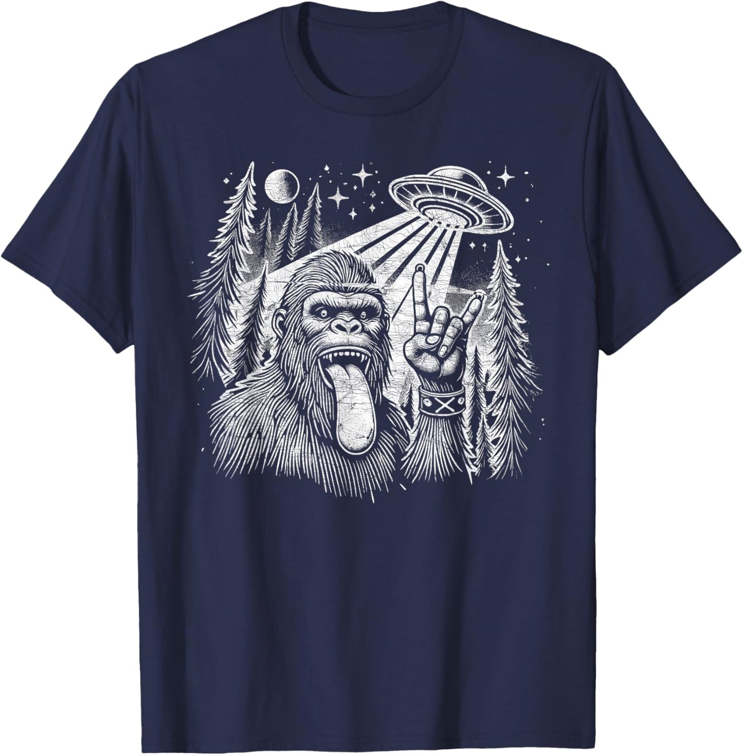 Sasquatch Selfie Big Foot Rock On UFO Alien Funny T-Shirt - T-Shirt | Navy