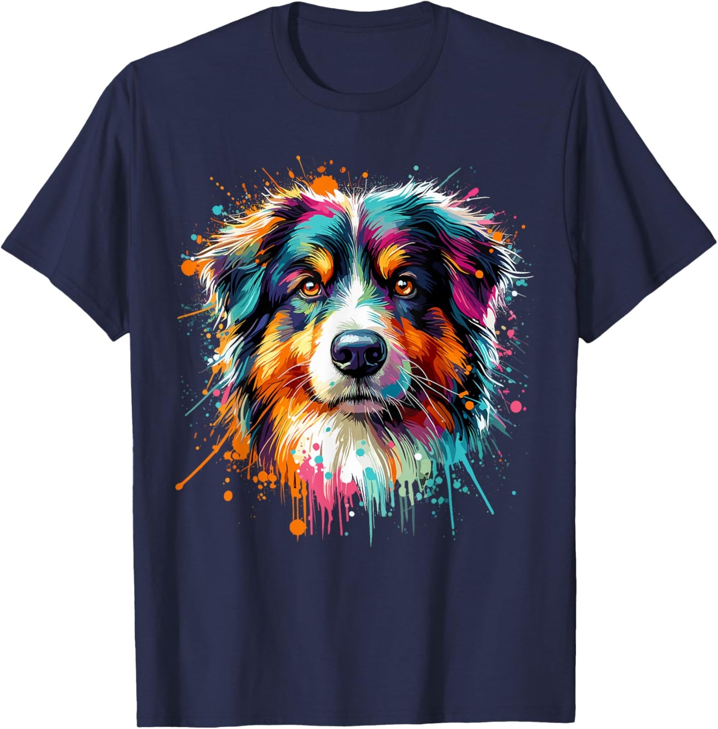 Aussie Splash Art Colorful Australian Shepherd T-Shirt - T-Shirt | Navy