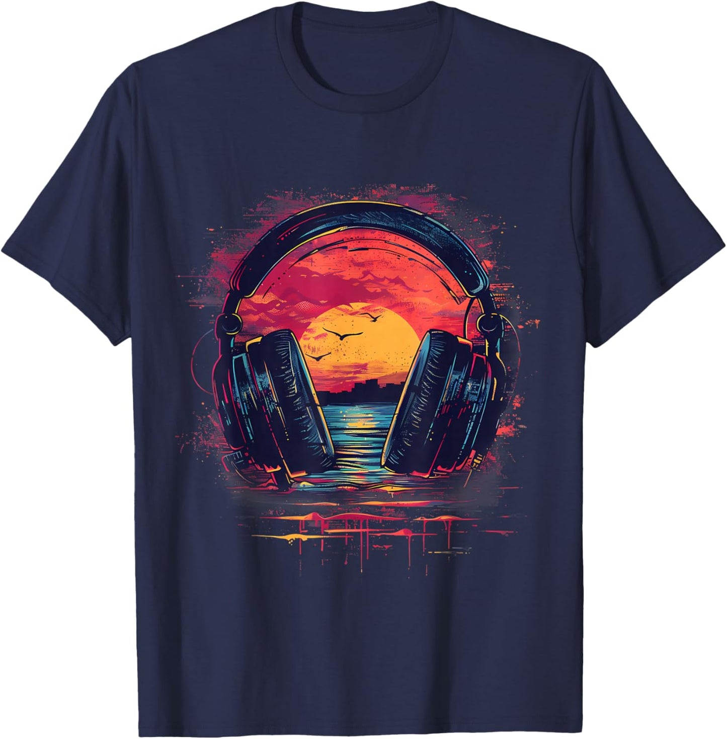 Headphones Music DJ Beatmaker House Music Sunset Artwork T-Shirt - T-Shirt | Navy