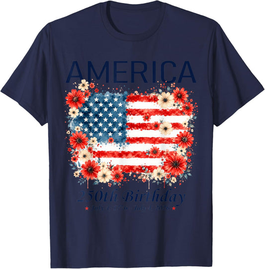 Vintage America 250th Birthday Floral USA Flag 4th of July T-Shirt - T-Shirt | Navy