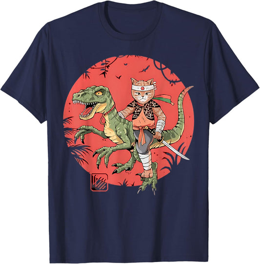 Samurai Cat Dinosaur Japanese Art Ukiyo-e Graphic T-Shirt - T-Shirt | Navy